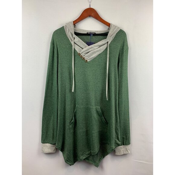 Miagooo XL Green & Gray Hooded Long Sleeve Top With Buttons & Pocket For Women - Picture 1 of 6